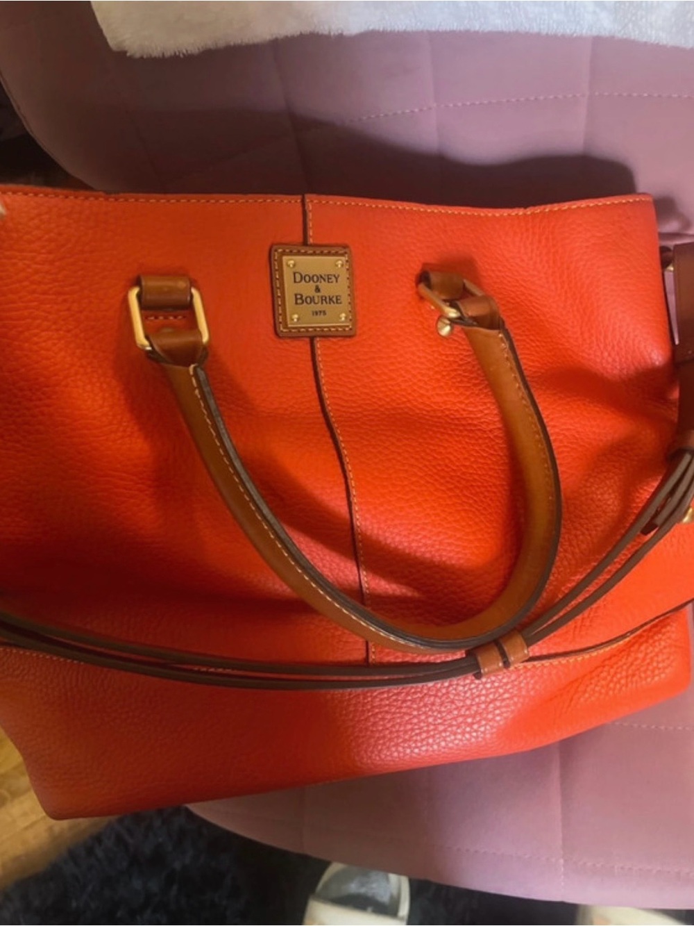 Dooney & Bourke Orange Pebbled Leather Tote with Tan Accents